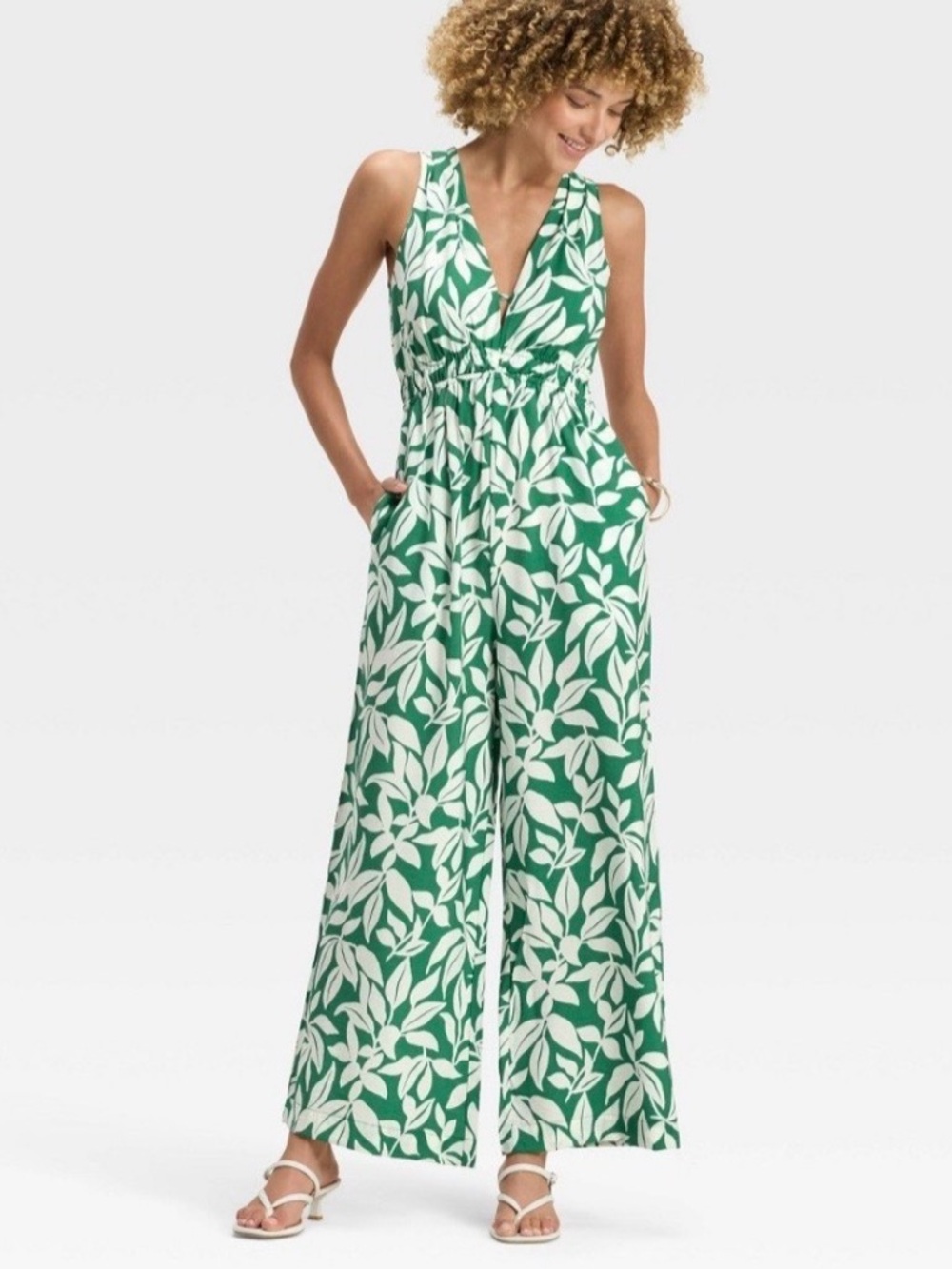 Target Green and White Leaf-Print Sleeveless Jumpsuit